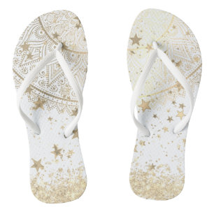 Enchanting Mandala with Gold Stars on White  Flip Flops
