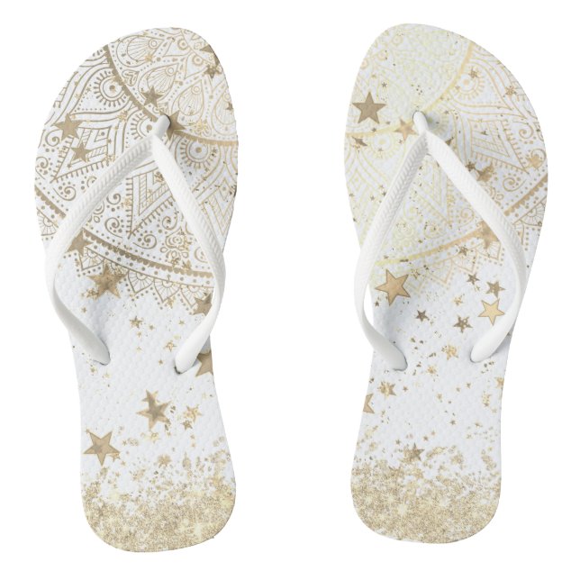 Enchanting Mandala with Gold Stars on White  Flip Flops (Footbed)
