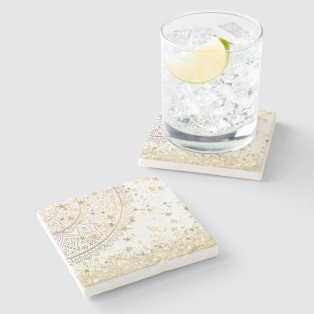 Enchanting Mandala with Gold Stars on White    Stone Coaster (Side)