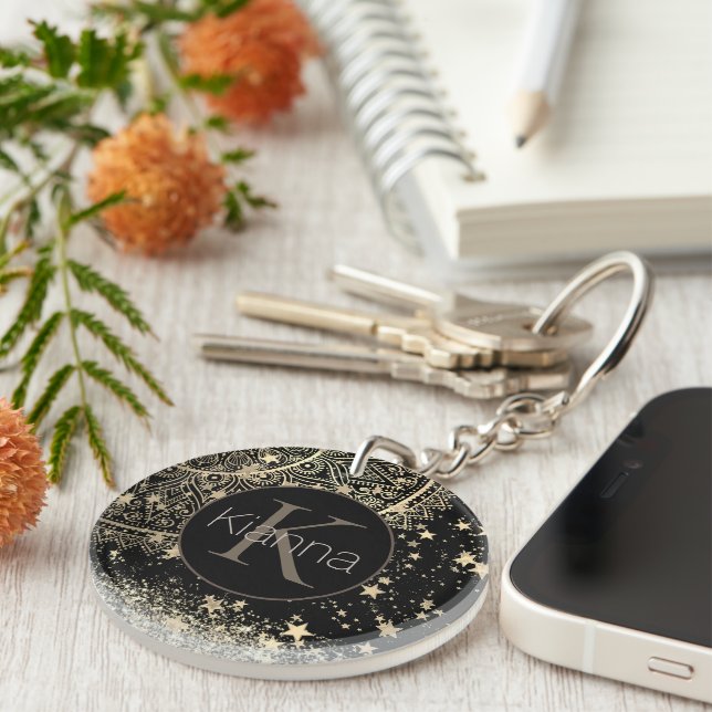 Enchanting Mandala with Gold Stars Personalized Keychain (Front Right)