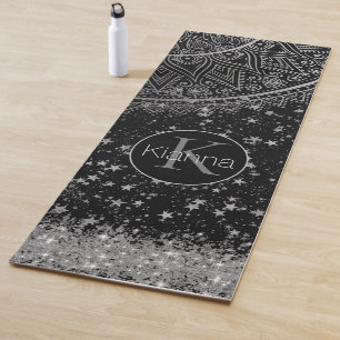 Enchanting Mandala with Silver Stars on Black Yoga Mat