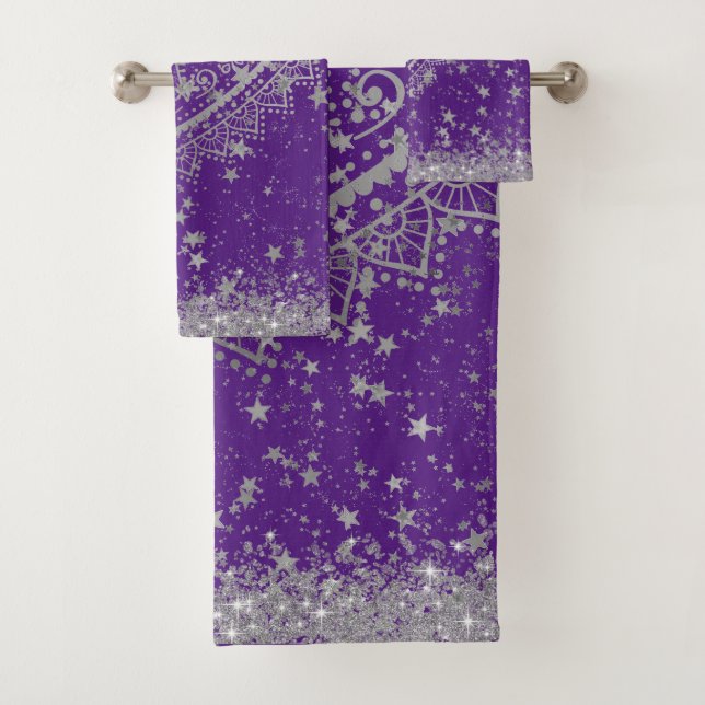 Enchanting Mandala with Silver Stars on Purple    Bath Towel Set (Insitu)