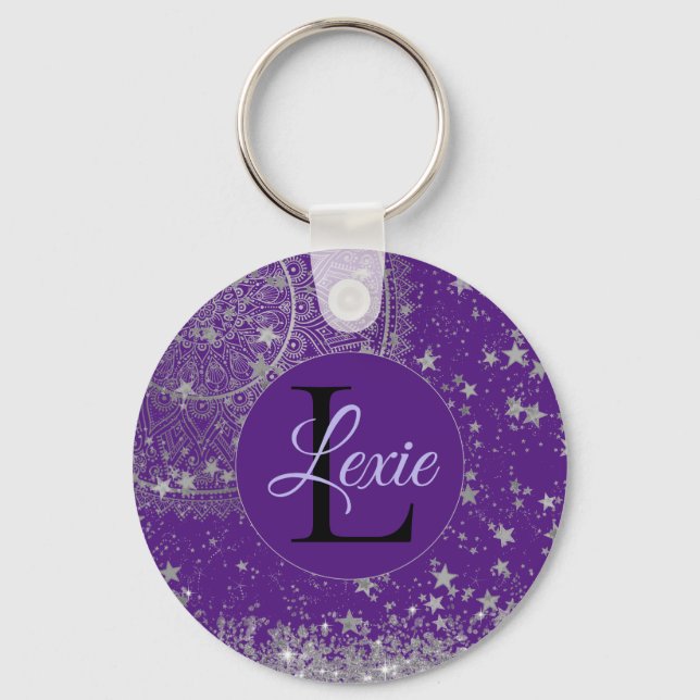 Enchanting Mandala with Silver Stars on Purple    Keychain (Front)