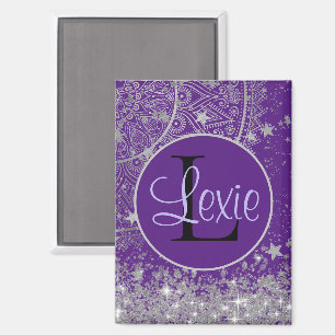 Enchanting Mandala with Silver Stars on Purple Magnet