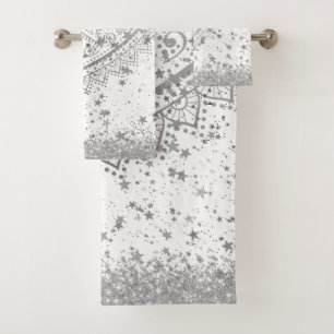 Enchanting Mandala with Silver Stars on White   Bath Towel Set