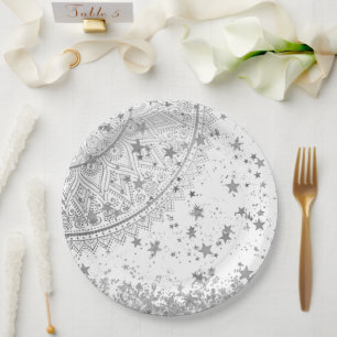 Enchanting Mandala with Silver Stars on White   Paper Plate