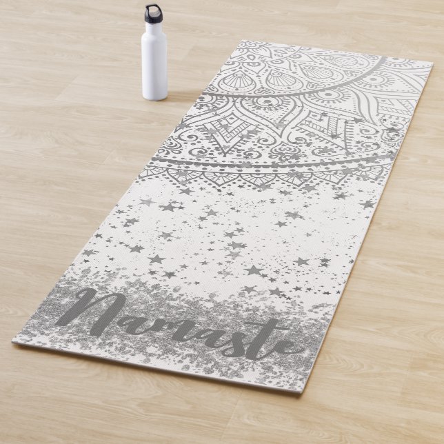 Enchanting Mandala with Silver Stars on White Yoga Mat (In Situ)