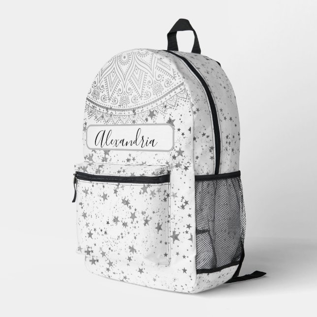 Enchanting Mandala with Silver Stars Personalized Printed Backpack (Back Corner Right)