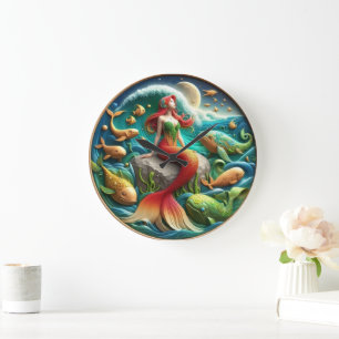 Enchanting Mermaid Sitting on a Rock Under a Moonl Large Clock