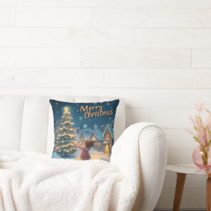 Enchanting "Merry Christmas" Village Scene Throw Pillow