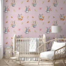 Enchanting Mice on Pink Gingham Check With Flowers
