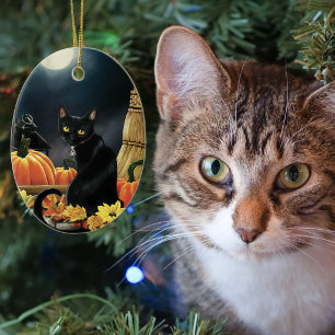 Enchanting Moonlit Black Autumn Cat Pumpkins Ceramic Ornament