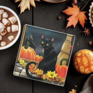 Enchanting Moonlit Black Autumn Cat Pumpkins Glass Coaster