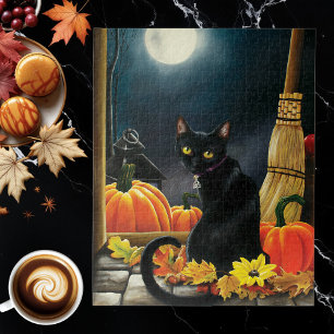 Enchanting Moonlit Black Autumn Cat Pumpkins Jigsaw Puzzle