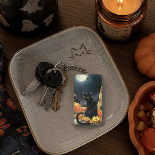 Enchanting Moonlit Black Autumn Cat Pumpkins Keychain