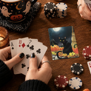 Enchanting Moonlit Black Autumn Cat Pumpkins Playing Cards
