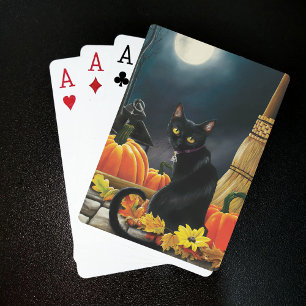 Enchanting Moonlit Black Autumn Cat Pumpkins Playing Cards
