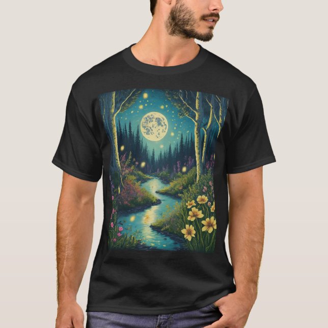 Enchanting Moonlit Forest with Dancing Fireflies T-Shirt (Front)