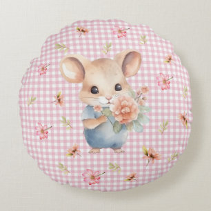 Enchanting Mouse on Pink Gingham Check Round Pillow