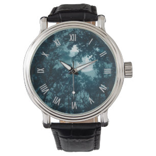 Enchanting Night Forest w Full Moon Roman Numbers Watch