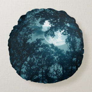 Enchanting Night Forest with Full Moon Round Pillow