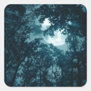 Enchanting Night Forest with Full Moon Square Sticker