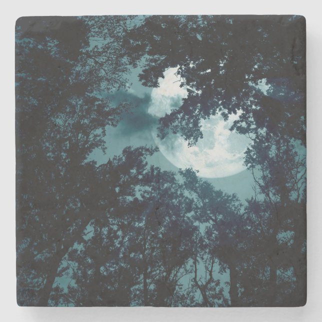 Enchanting Night Forest with Full Moon Stone Coaster (Front)