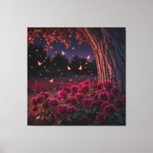 Enchanting Night Scene with Glowing Fireflies Canvas Print