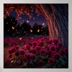 Enchanting Night Scene with Glowing Fireflies Poster