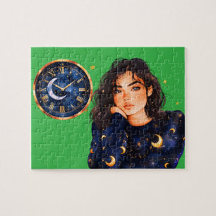 : Enchanting Night Sky Girl with Moon Clock Jigsaw Puzzle