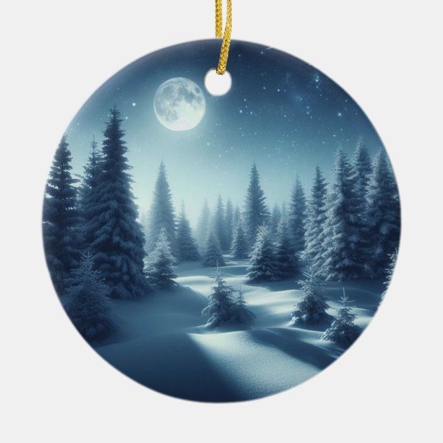 Enchanting Night Snowy Forest Sticker Ceramic Ornament (Front)