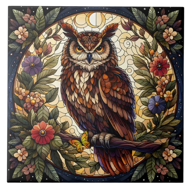 Enchanting Nocturnal Owl Stained Glass Art Tile (Front)