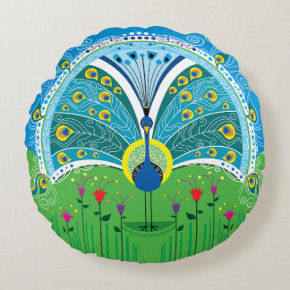 Enchanting Peacock Symmetry Round Pillow