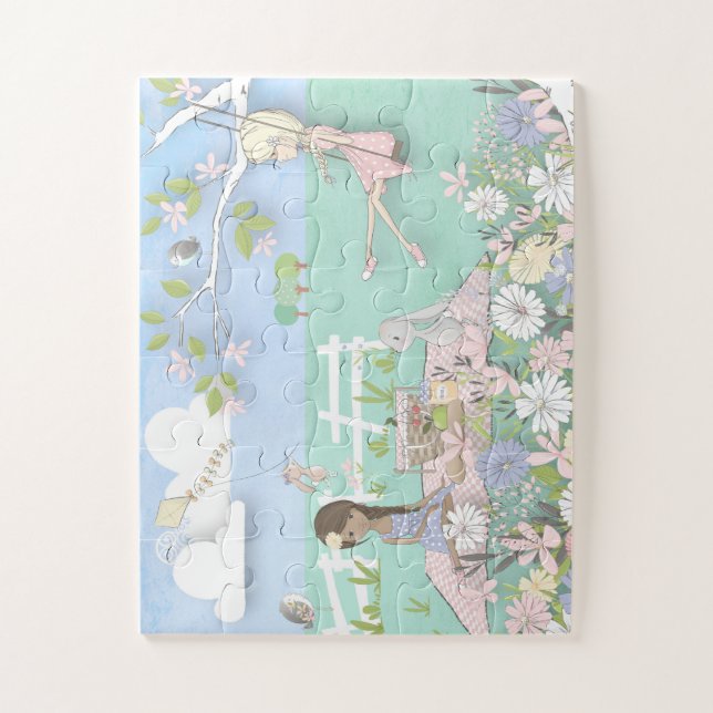 Enchanting Picnic Scene Girls/Bunny/birds Jigsaw Puzzle (Vertical)