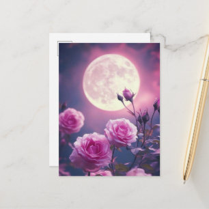 Enchanting Pink Moon & Blooming Roses Fantasy Art Postcard