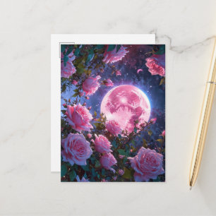 Enchanting Pink Moon & Blooming Roses Fantasy Art Postcard