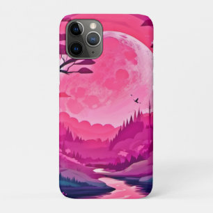 Enchanting Pink Moon: Cartoon Art iPhone 11 Pro Case