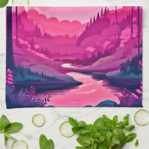 Enchanting Pink Moon: Cartoon Art Kitchen Towel