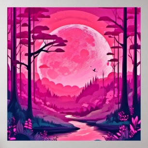Enchanting Pink Moon: Cartoon Art Poster