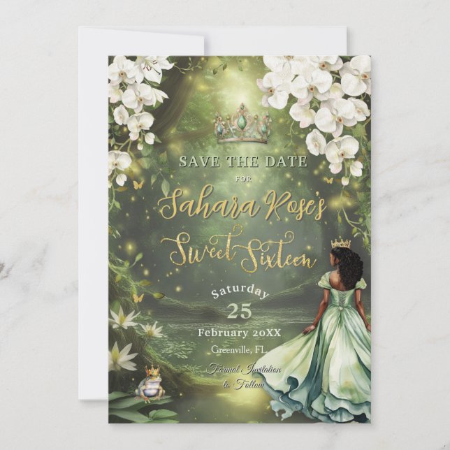 Enchanting Princess & Frog Green Dress Sweet 16 Save The Date (Front)