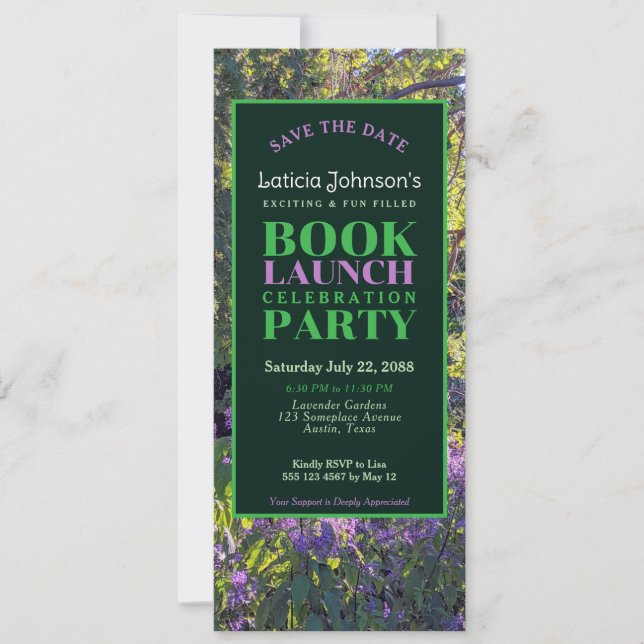 Enchanting Purple Green Floral Nature Book Launch Invitation (Front)