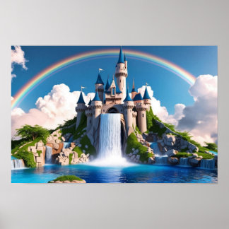 Enchanting Rainbow Castle & Cascading Waterfalls Poster