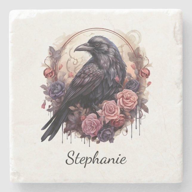 Enchanting Raven & Rose Home Accent Stone Coaster (Front)