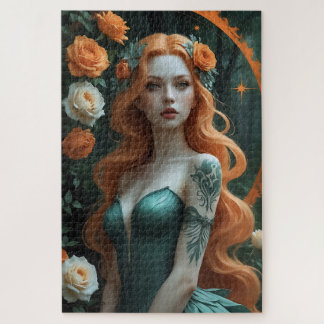 Enchanting Redhead Sorceress in Emerald Gown Puzzl Jigsaw Puzzle