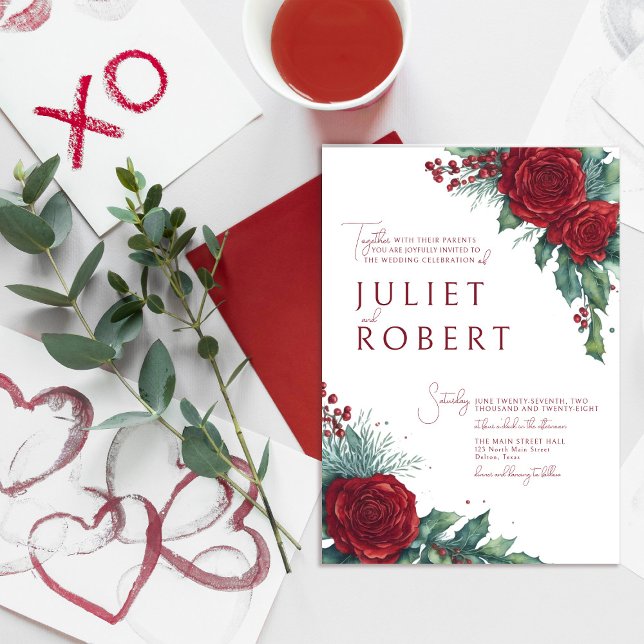 Enchanting Roses Holly Berry Ivy Christmas Wedding Invitation (Creator Uploaded)