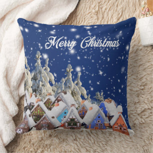Enchanting Snowed in Christmas Time Village Throw Pillow