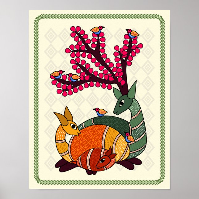 Enchanting Stag: Madhubani Art Poster (Front)