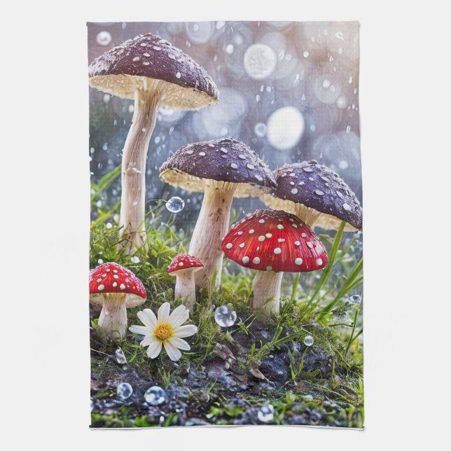 Enchanting Toadstools Rain Fantasy Mystical Kitchen Towel (Vertical)