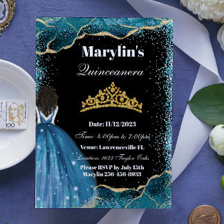 Enchanting Turquoise Glitter Princess Quinceanera Invitation