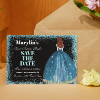 Enchanting Turquoise Glitter Princess Sweet 16 Save The Date